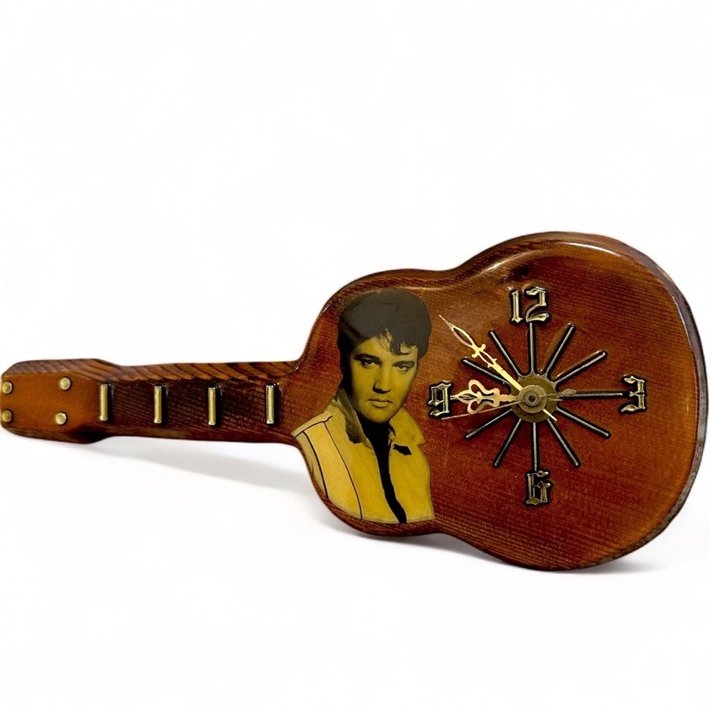Vintage Elvis Presley Lacquered Wood Working Guitar Shaped Wall Clock